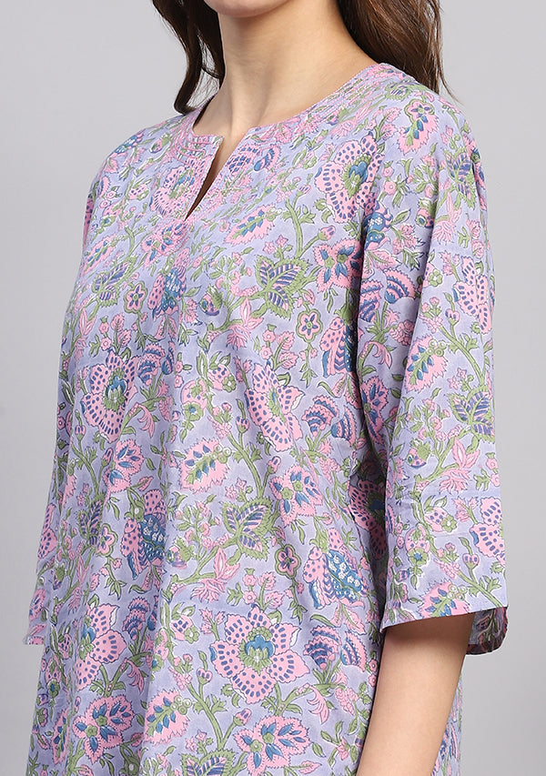 Mauve Pink Floral Hand Block Printed Cotton Night Suit