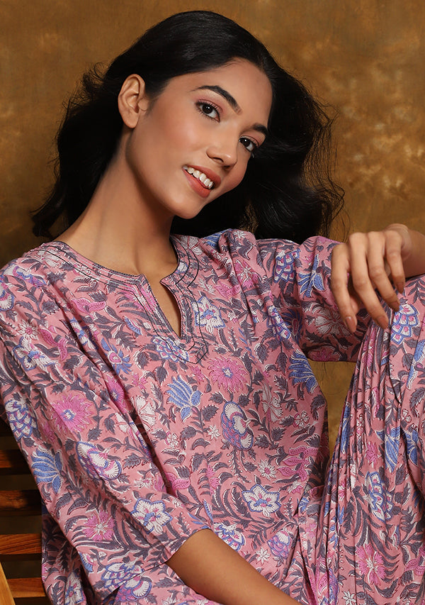 Pink Grey Floral Hand Block Printed Cotton Night Suit with Sliver Trimmings