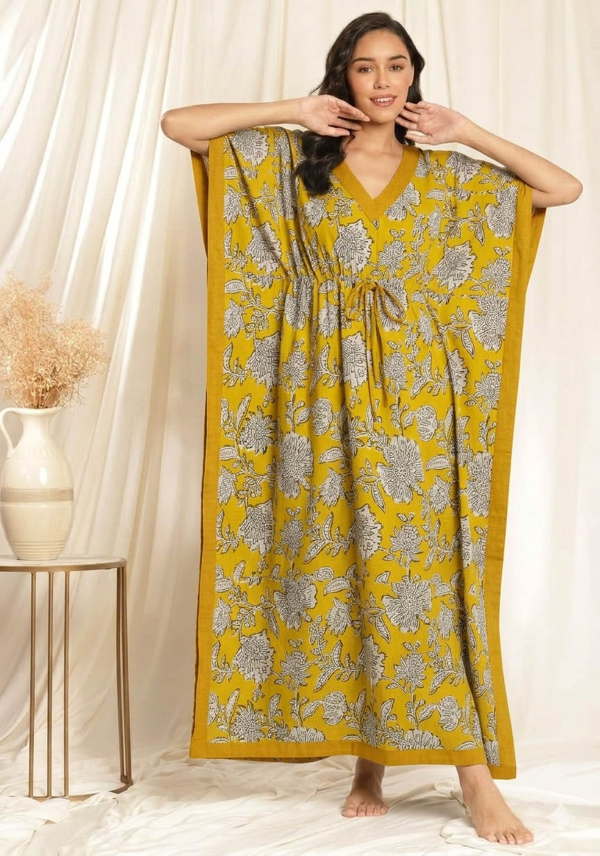 Yellow Beige Floral Printed Tie-Up Waist Cotton Kaftan