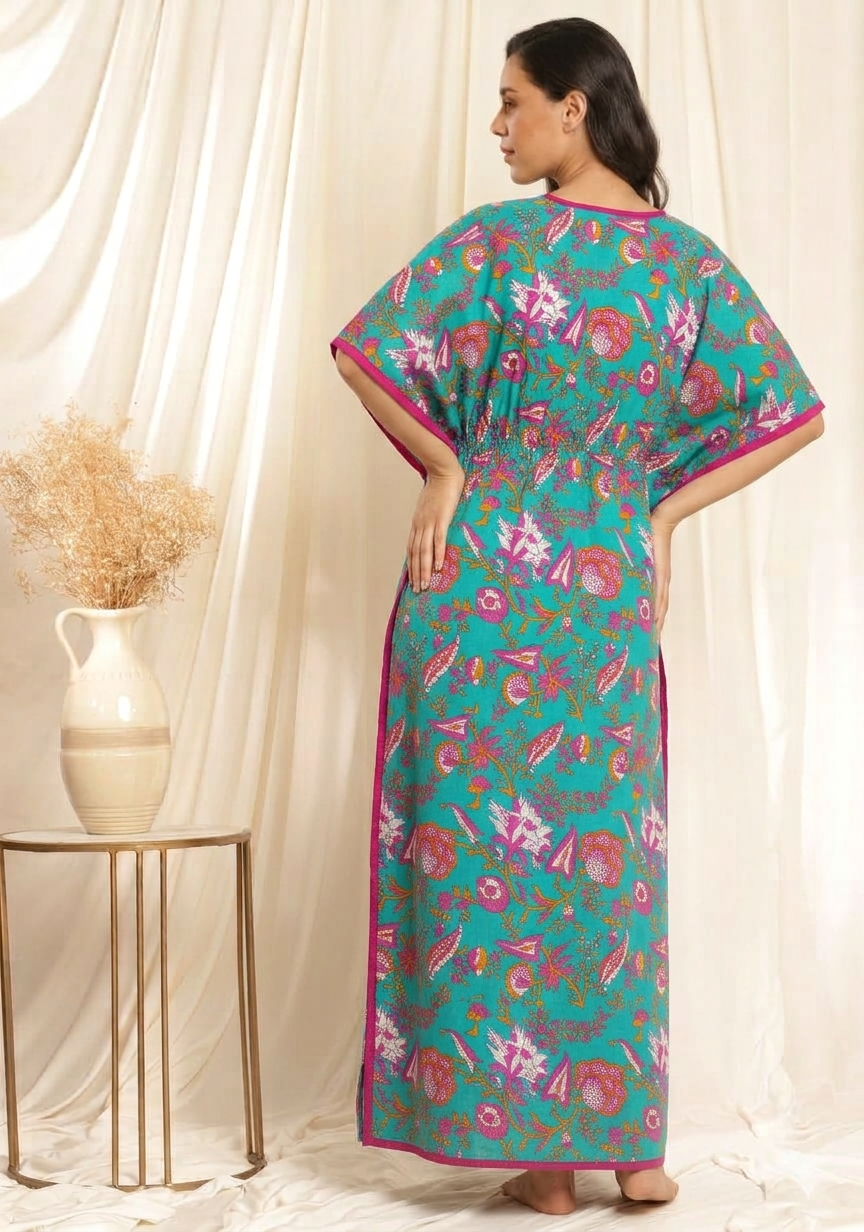 Blue Pink Floral Printed Tie-Up Waist Cotton Kaftan
