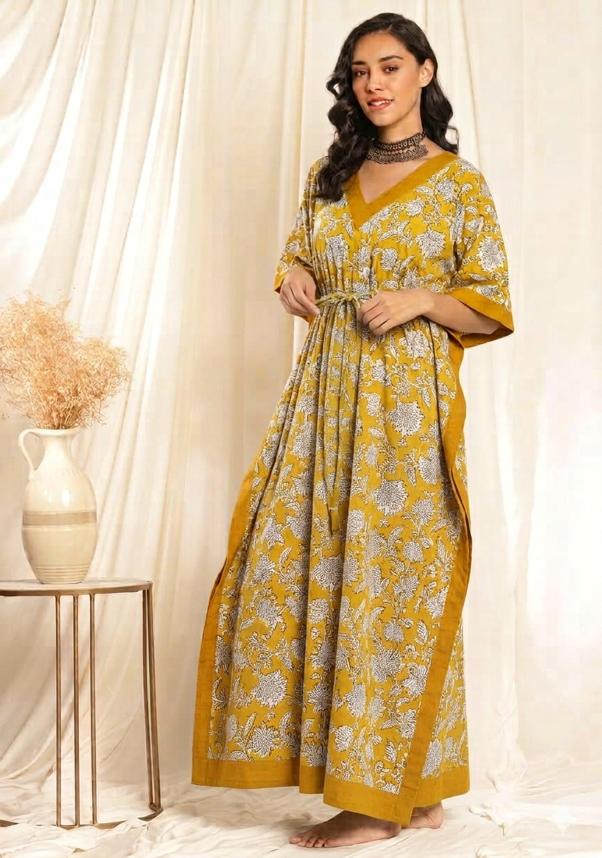 Yellow Beige Floral Printed Tie-Up Waist Cotton Kaftan