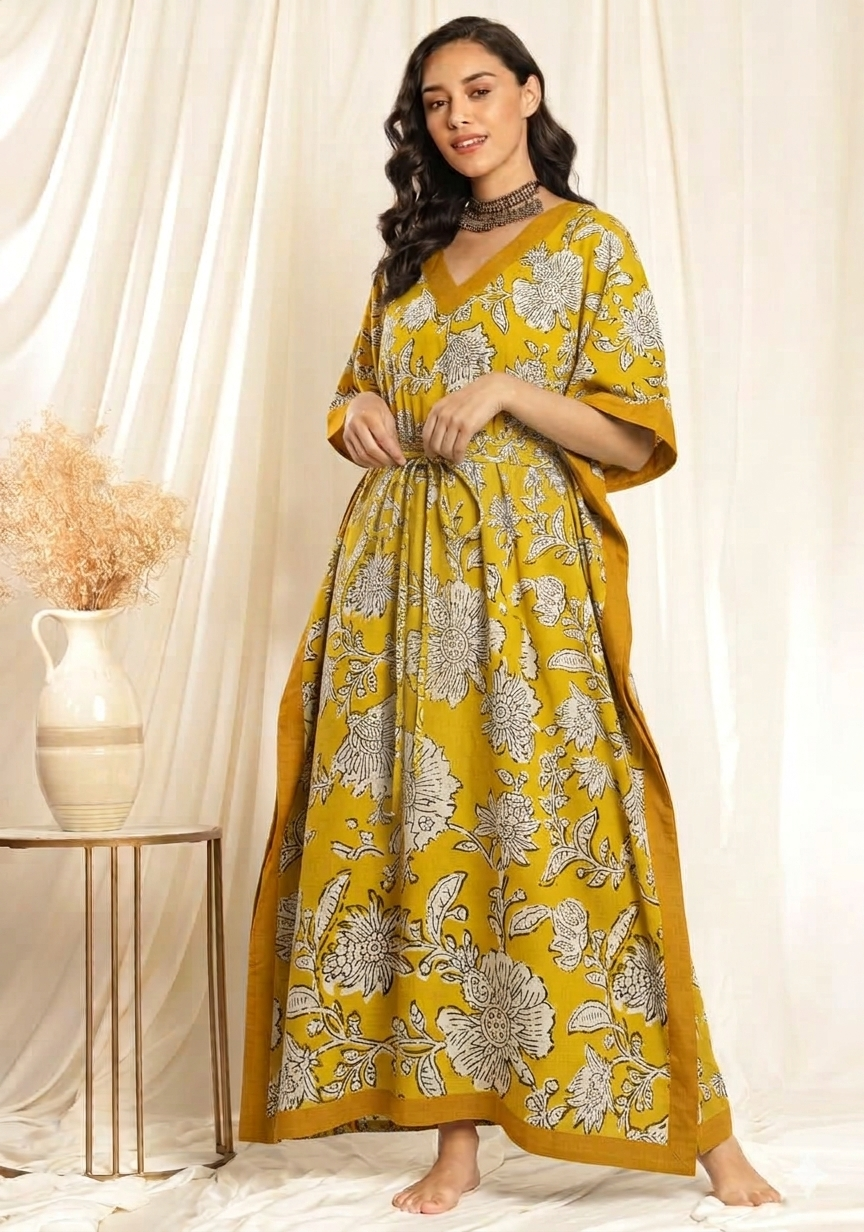 Yellow Beige Floral Printed Tie-Up Waist Cotton Kaftan