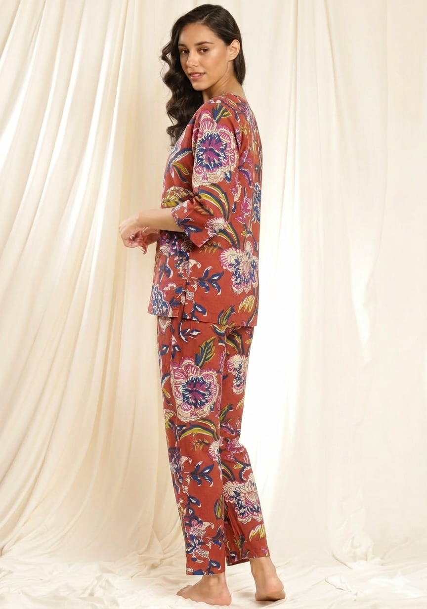 Maroon Floral Printed Cotton Night Suit