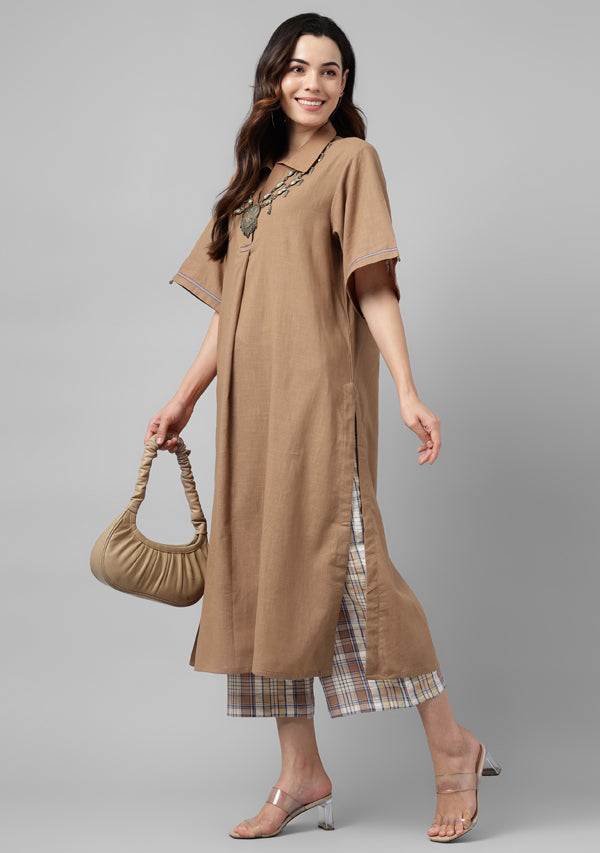 Brown Collared Co-ord Set Paired With Check Pants