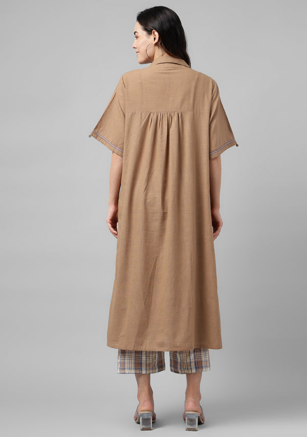 Brown Collared Co-ord Set Paired With Check Pants
