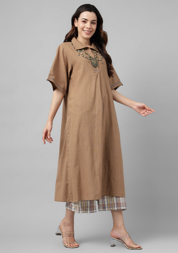 Brown Collared Co-ord Set Paired With Check Pants