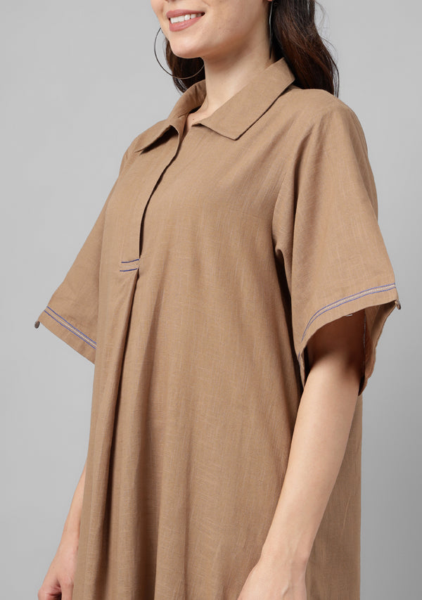 Brown Collared Co-ord Set Paired With Check Pants