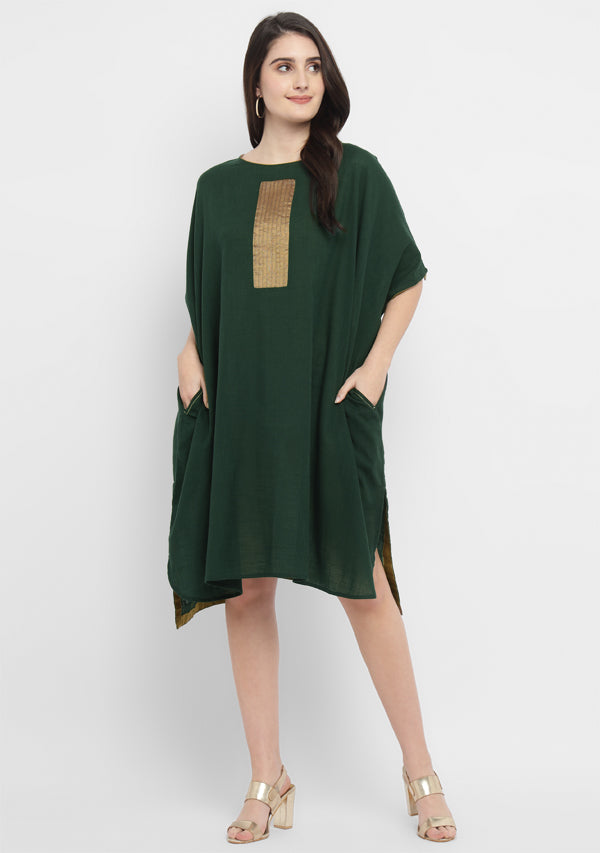 Emerald Green Cotton Block Dress with Gold Embellishments