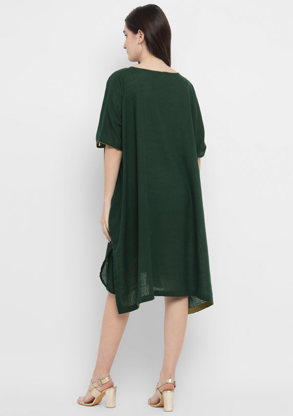 Emerald Green Cotton Block Dress with Gold Embellishments