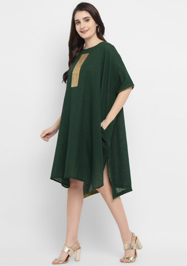Emerald Green Cotton Block Dress with Gold Embellishments