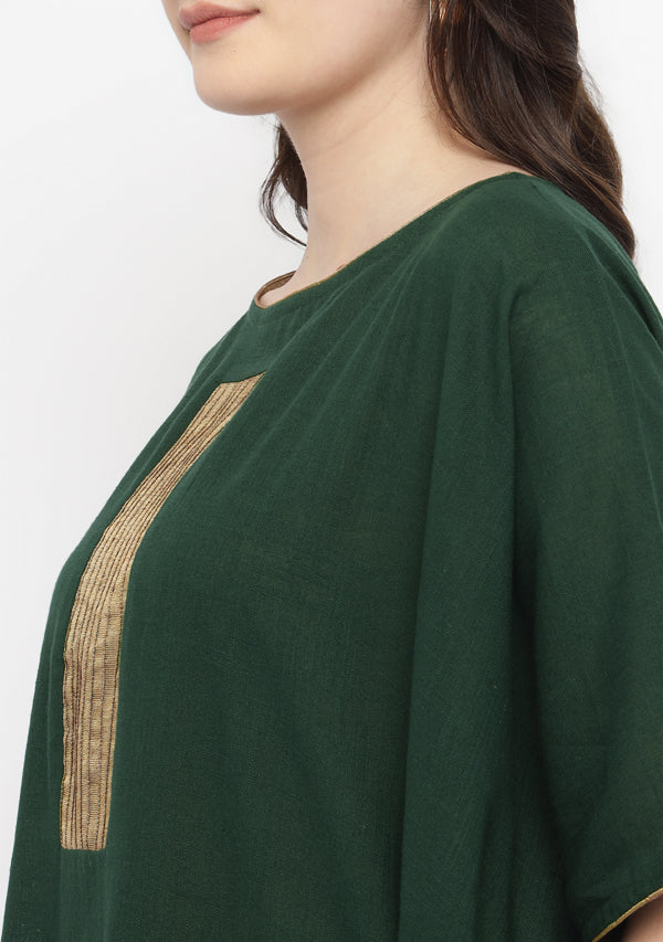 Emerald Green Cotton Block Dress with Gold Embellishments