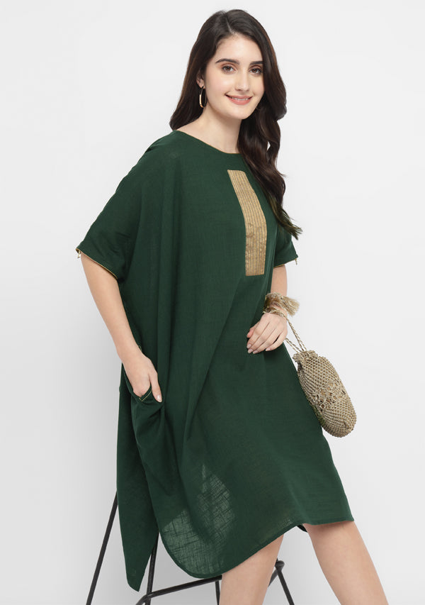 Emerald Green Cotton Block Dress with Gold Embellishments