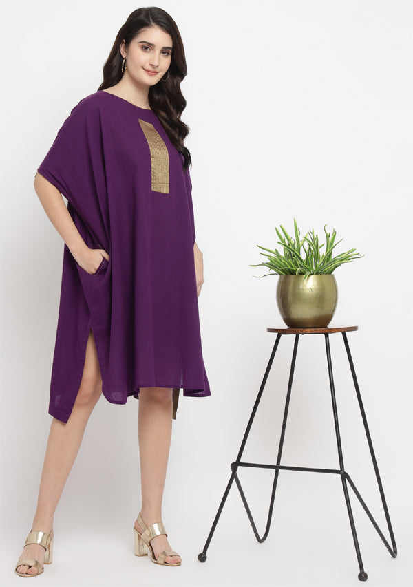 Purple Cotton Block Dress with Gold Embellishments