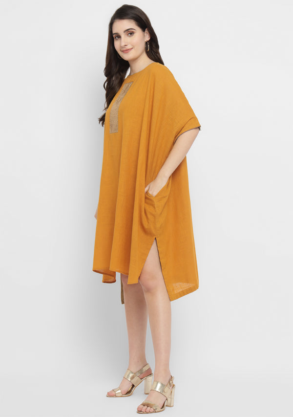 Mustard Cotton Block Dress with Gold Embellishments