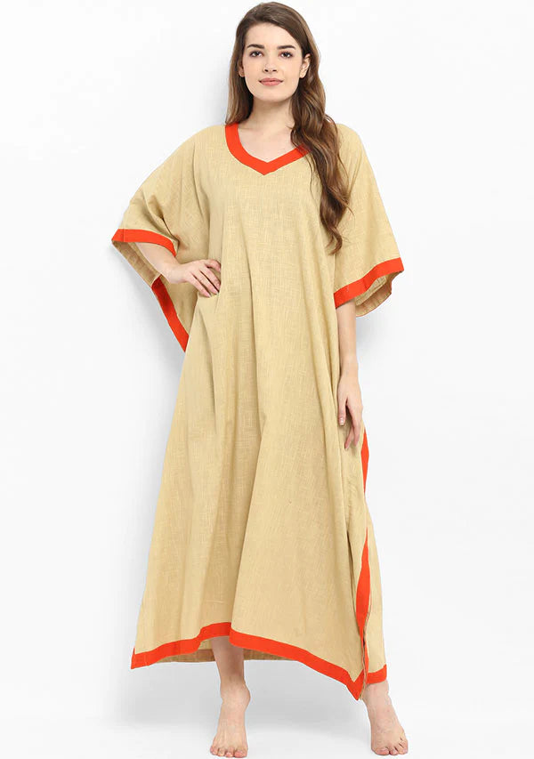 Beige Orange Tie-Up Waist Cotton Kaftan