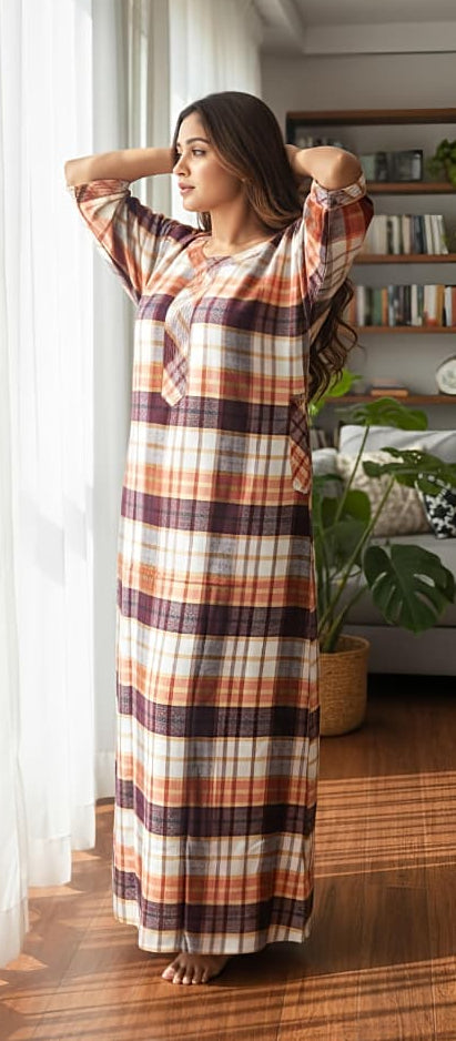 Flannel Rust Orange Checked Nighty Kaftan with Stitch Lines