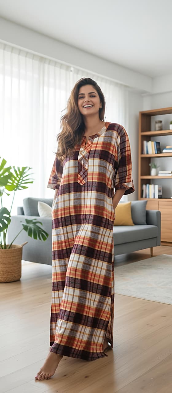 Flannel Rust Orange Checked Nighty Kaftan with Stitch Lines