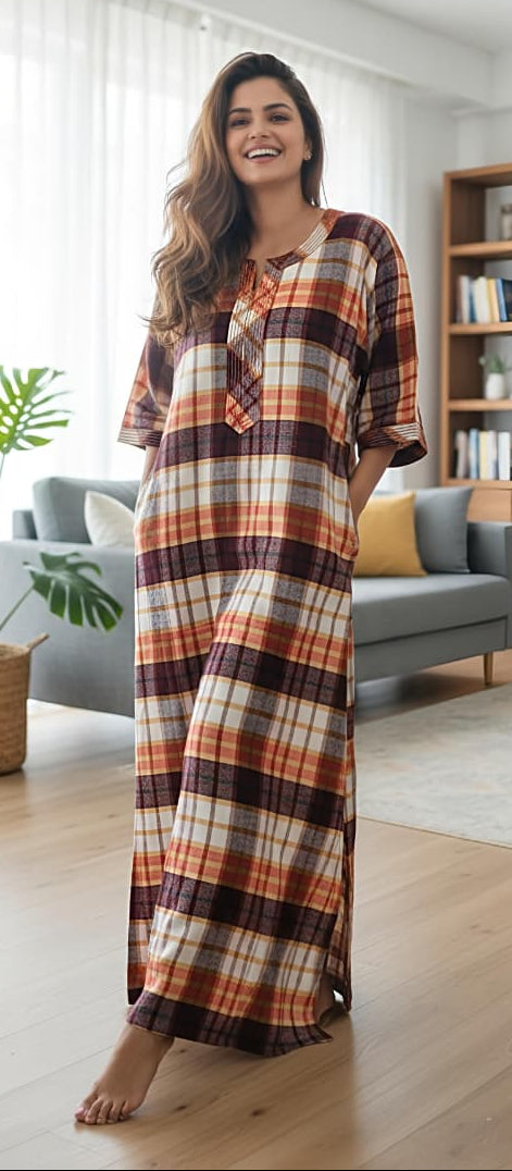 Flannel Rust Orange Checked Nighty Kaftan with Stitch Lines