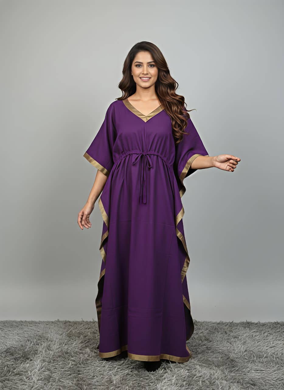 Purple Cotton Kaftan with Gold Tissue Trimmings
