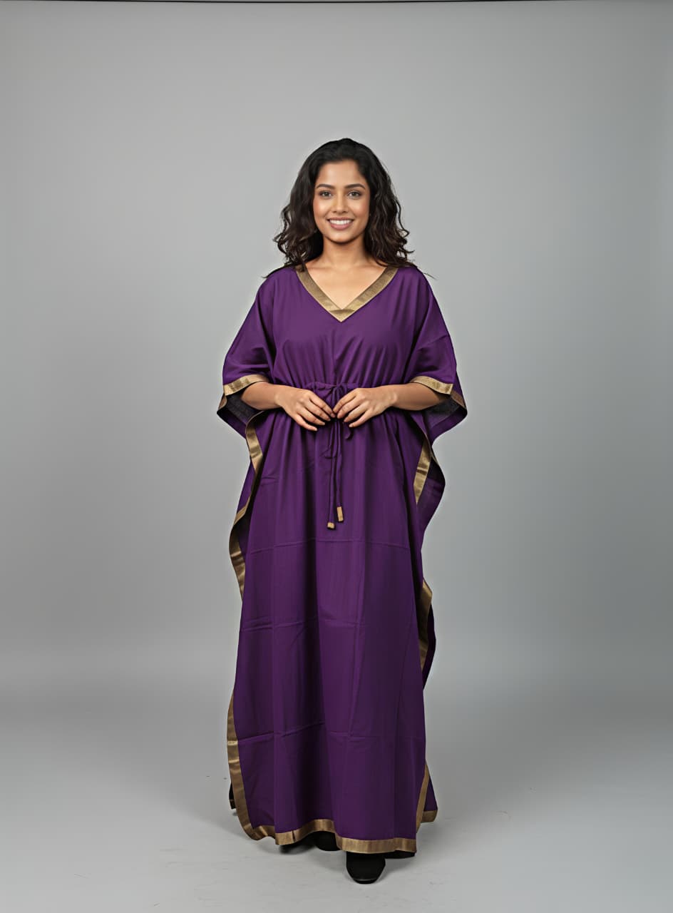Purple Cotton Kaftan with Gold Tissue Trimmings