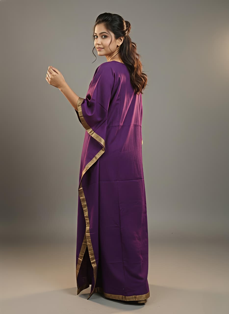 Purple Cotton Kaftan with Gold Tissue Trimmings