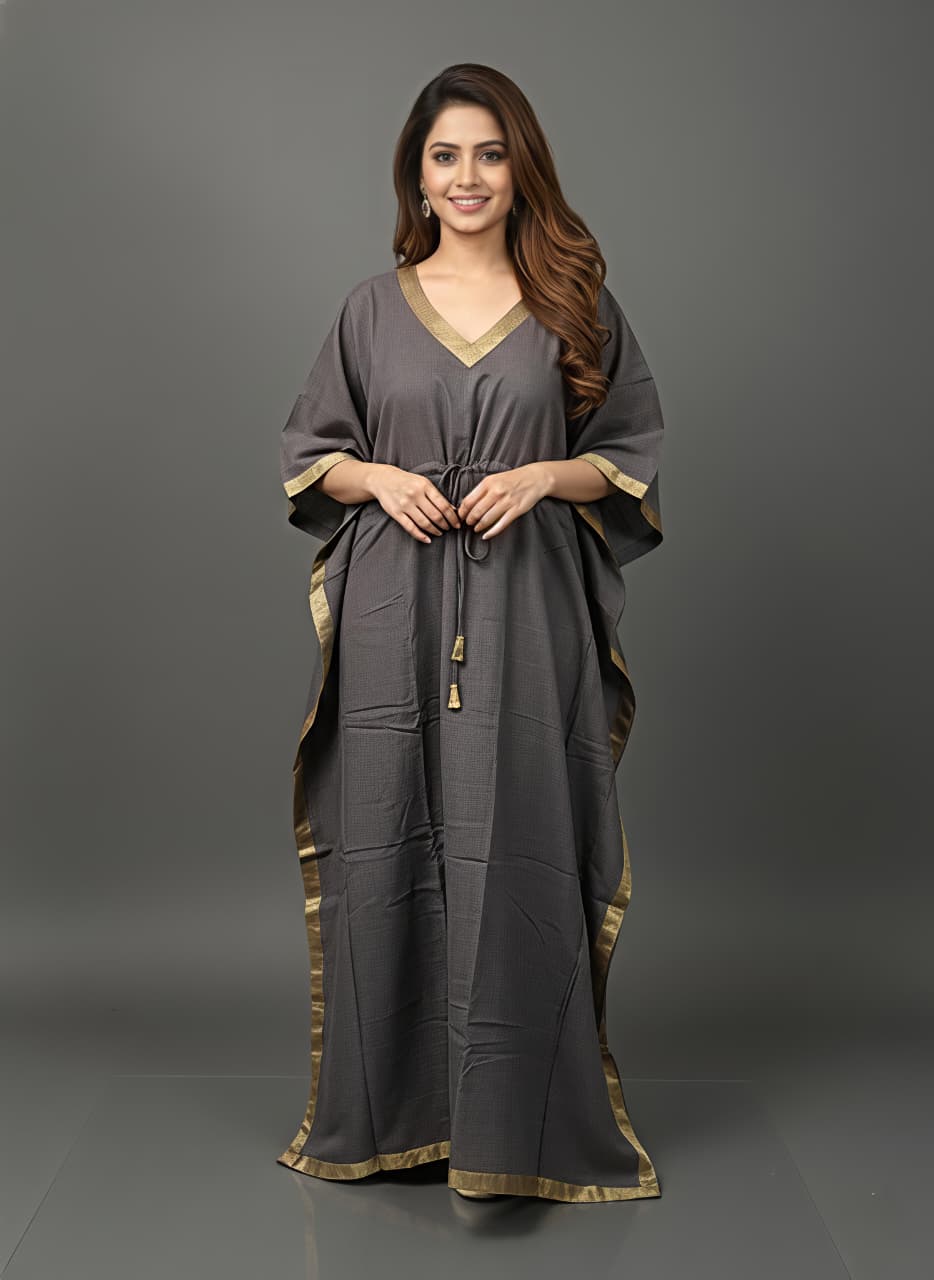 Dark Grey Cotton Kaftan with Gold Tissue Trimmings