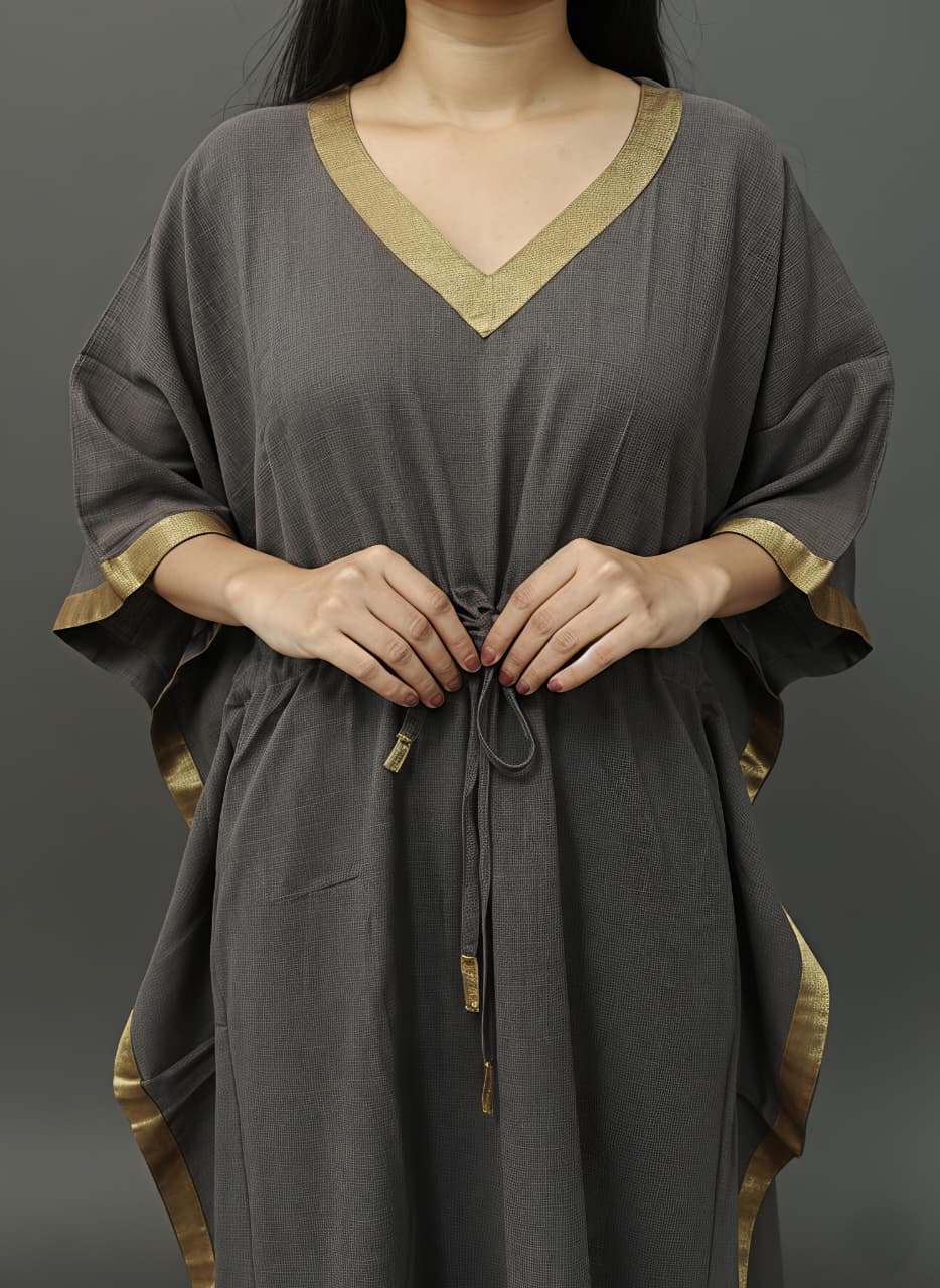 Dark Grey Cotton Kaftan with Gold Tissue Trimmings
