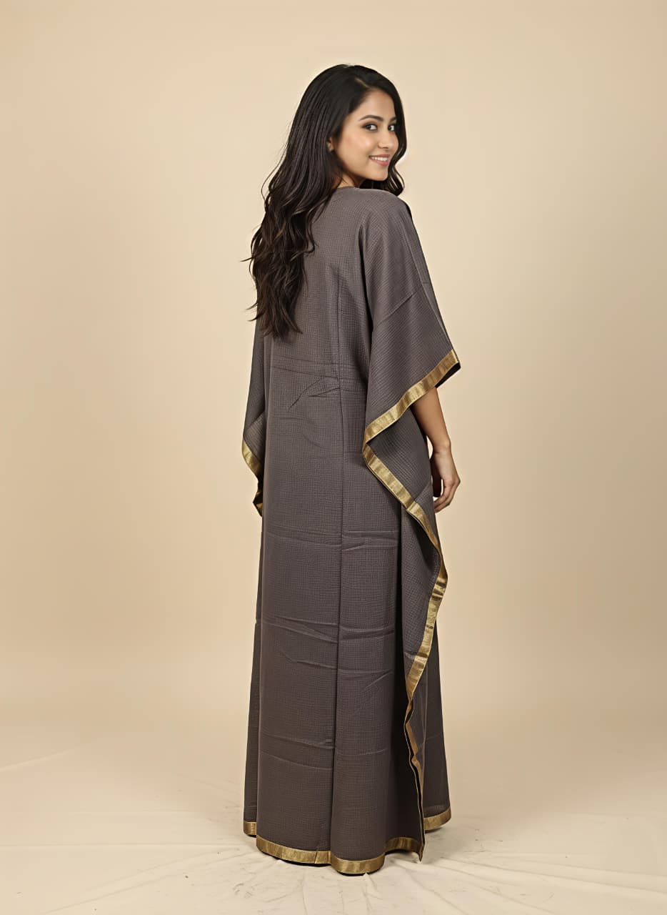 Dark Grey Cotton Kaftan with Gold Tissue Trimmings