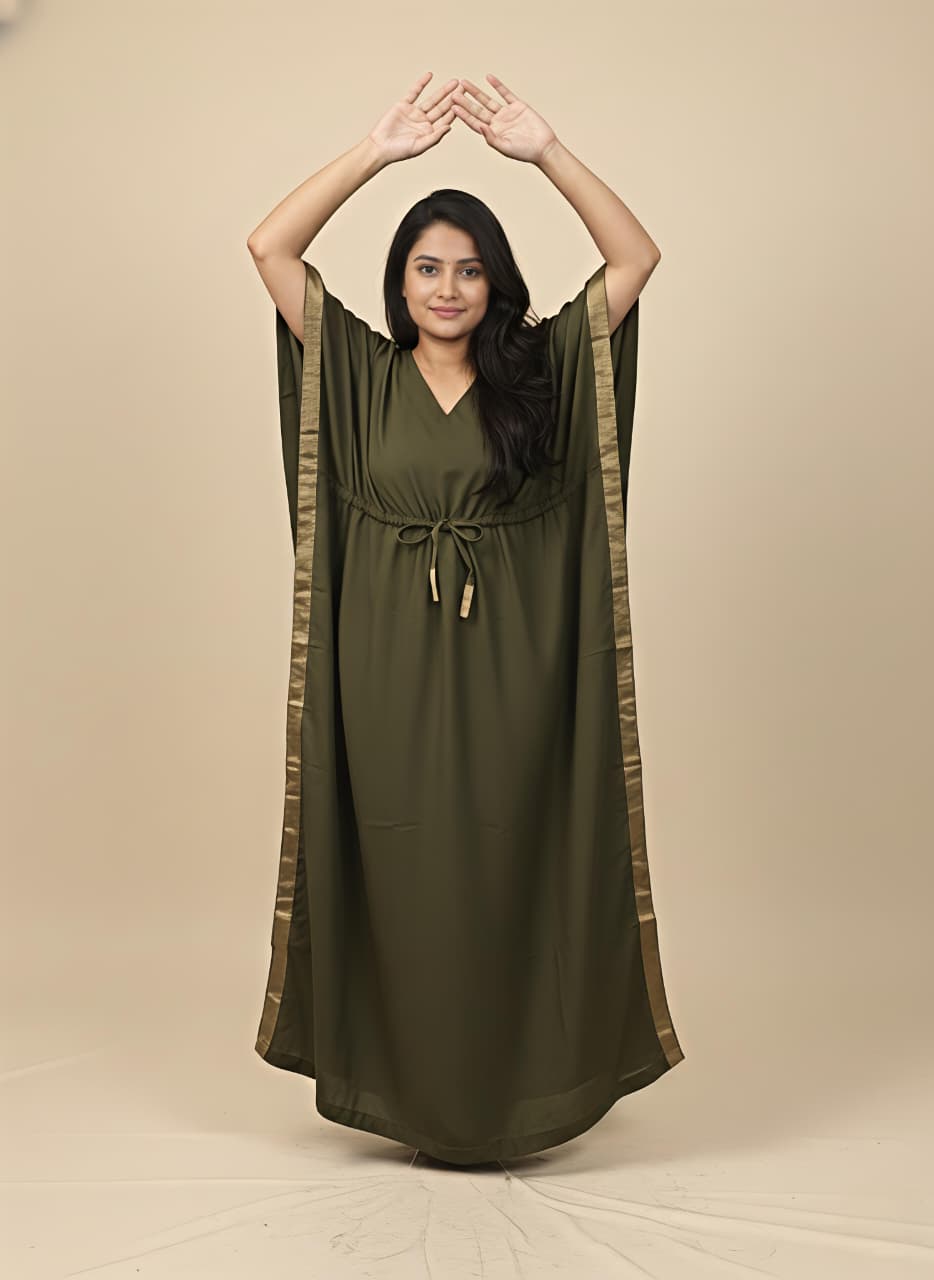 Military Green Cotton Kaftan with Gold Tissue Trimmings