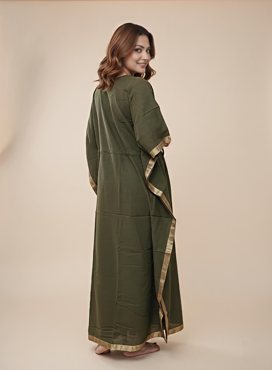 Military Green Cotton Kaftan with Gold Tissue Trimmings