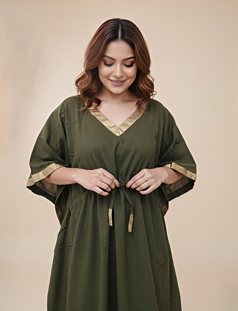 Military Green Cotton Kaftan with Gold Tissue Trimmings