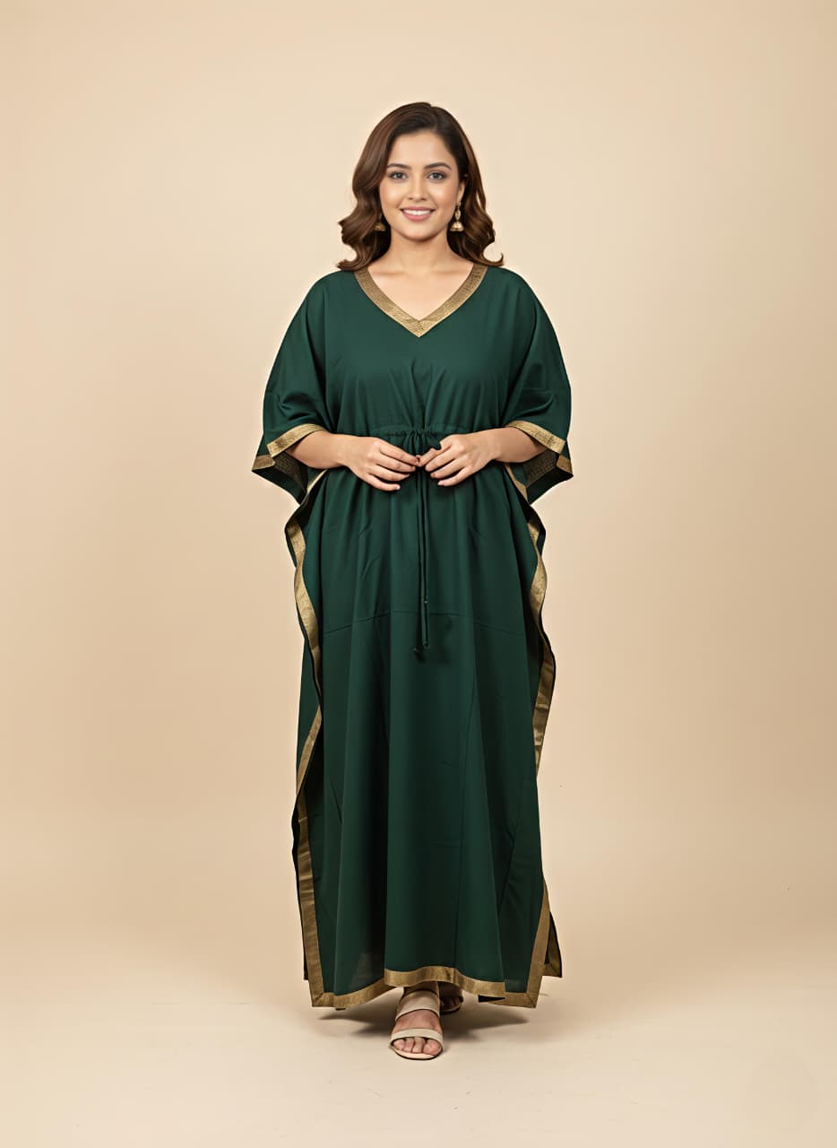 Emerald Green Cotton Kaftan with Gold Tissue Trimmings