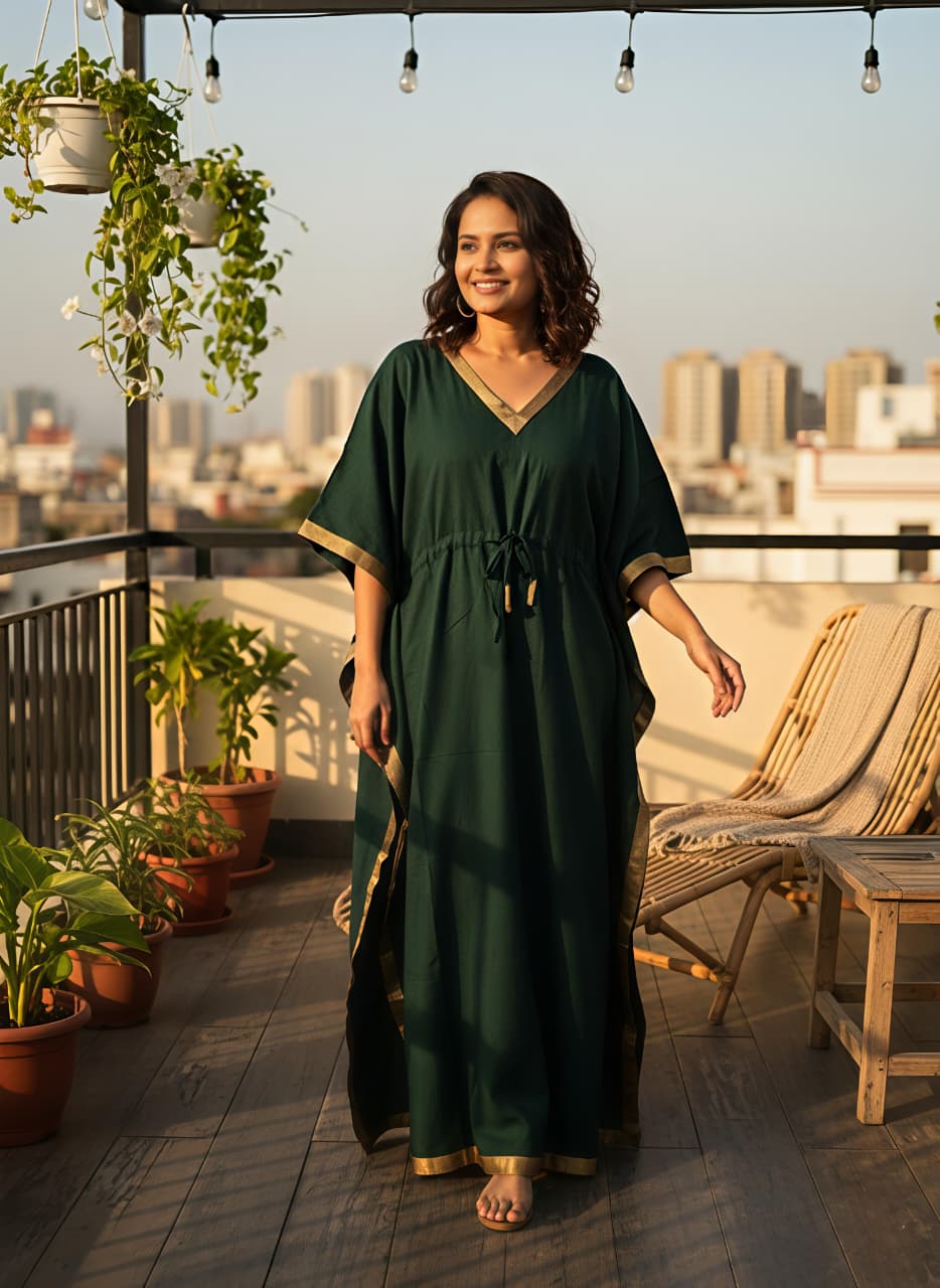 Emerald Green Cotton Kaftan with Gold Tissue Trimmings