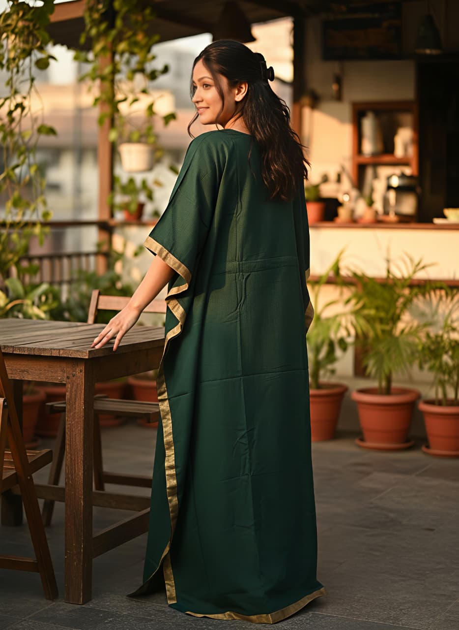 Emerald Green Cotton Kaftan with Gold Tissue Trimmings