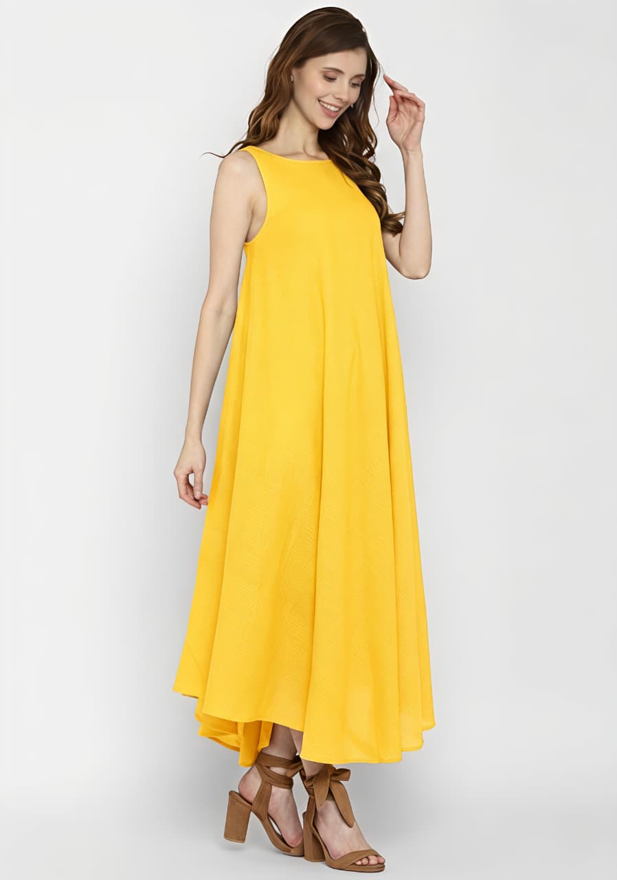 Yellow Sleeveless A-Line Long Cotton Dress