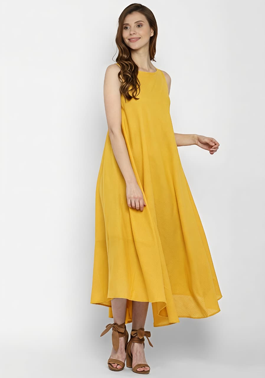 Yellow Sleeveless A-Line Long Cotton Dress