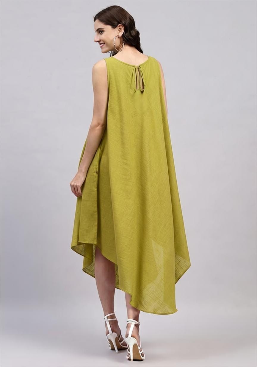 Olive Green Sleeveless Asymmetric Cotton Dress