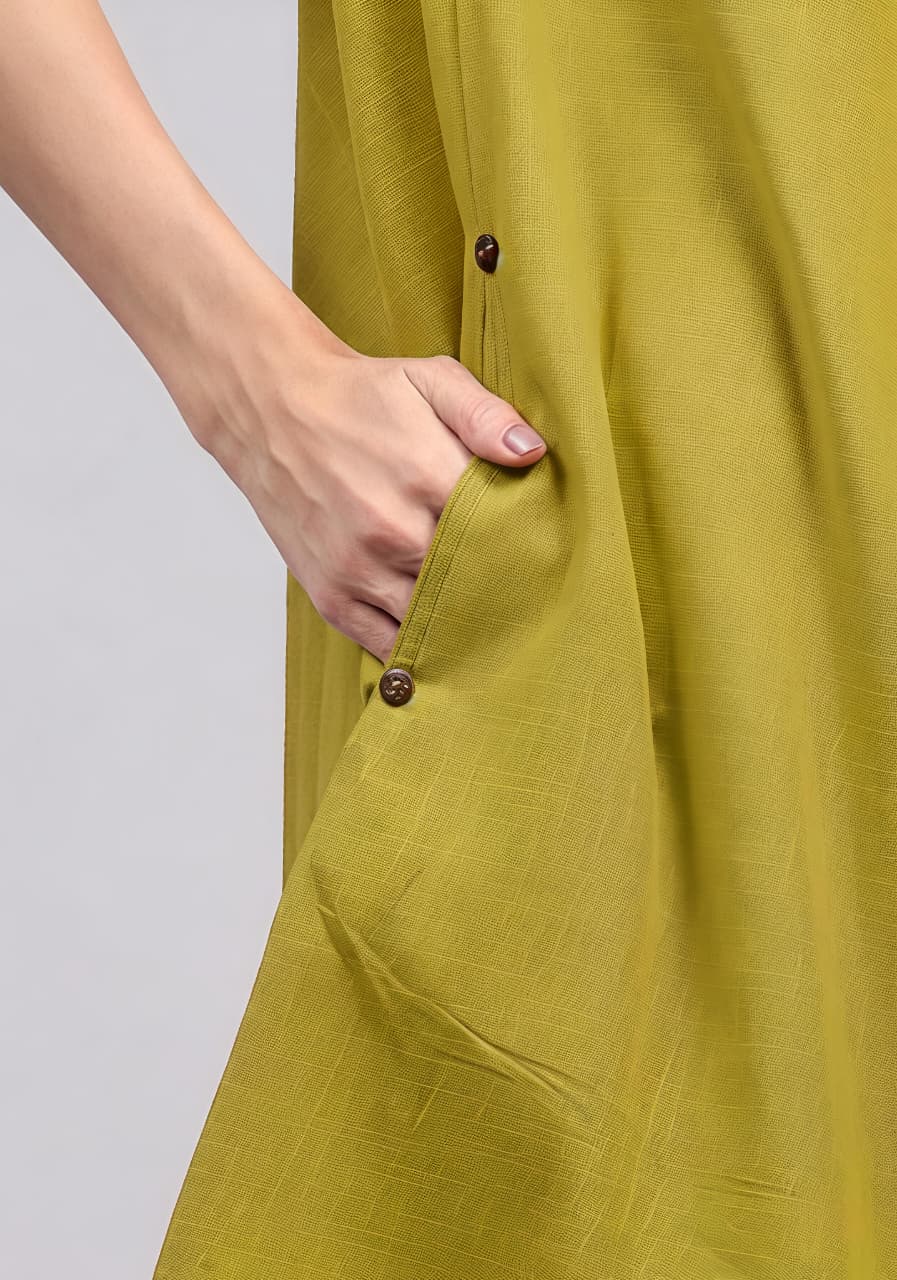 Olive Green Sleeveless Asymmetric Cotton Dress
