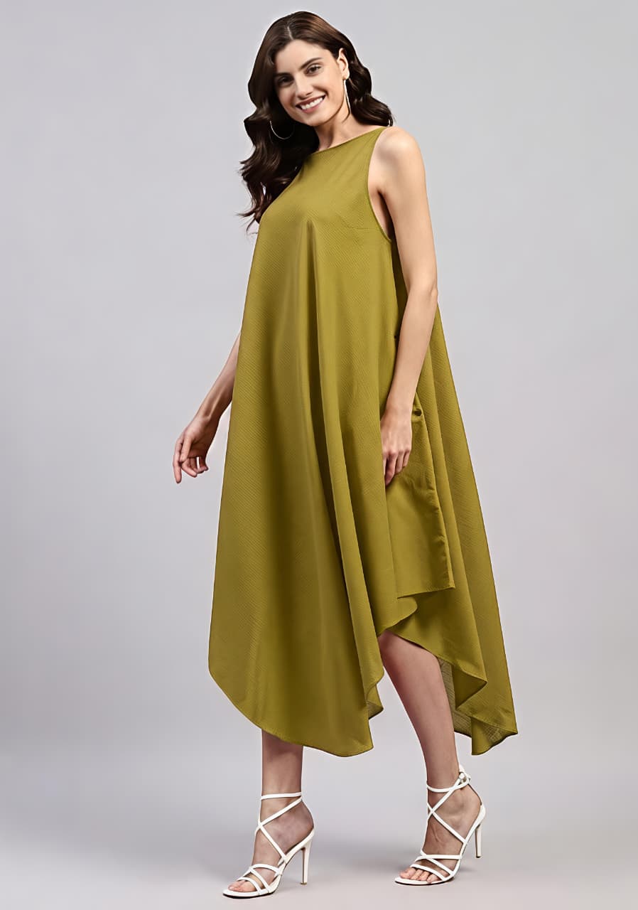 Olive Green Sleeveless Asymmetric Cotton Dress