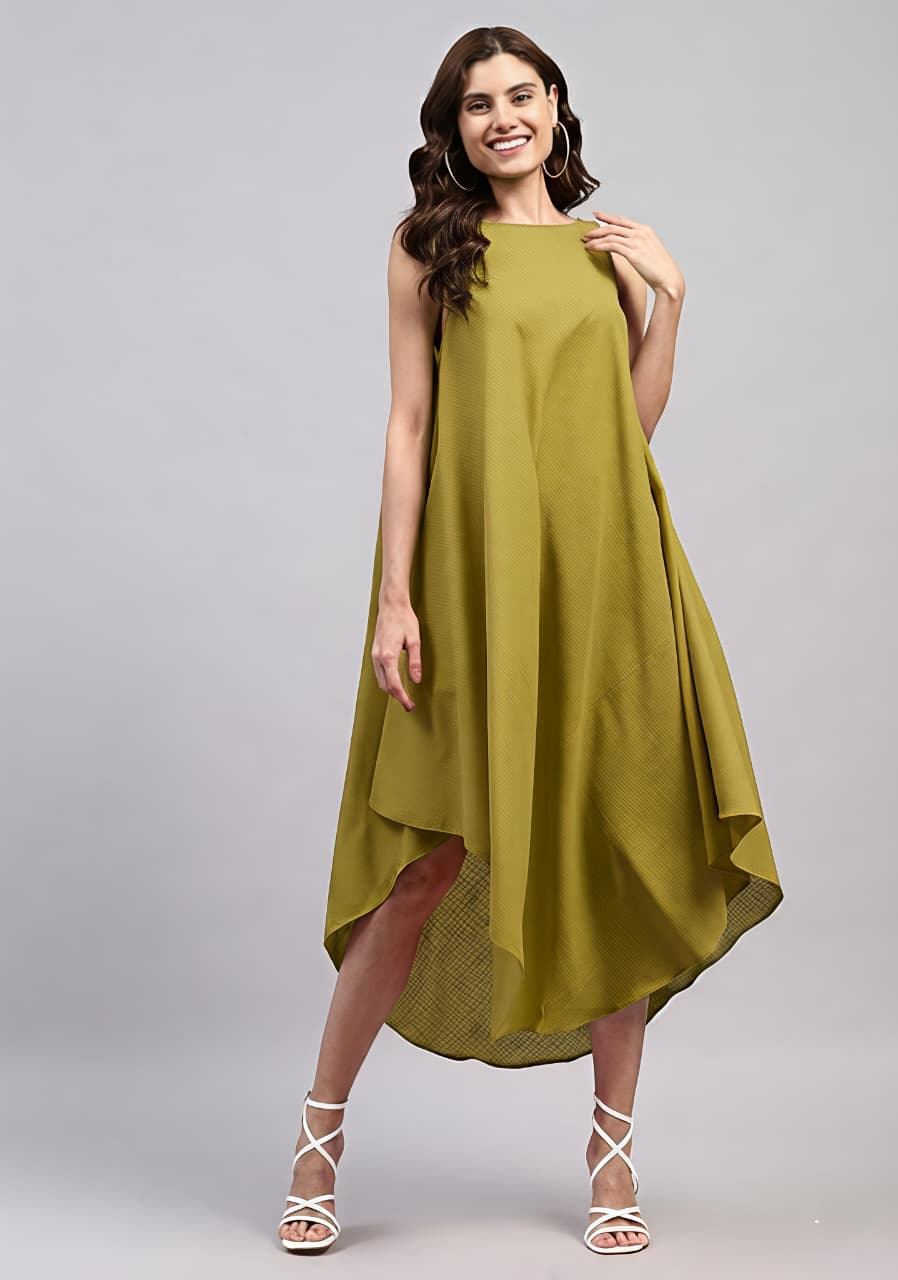 Olive Green Sleeveless Asymmetric Cotton Dress