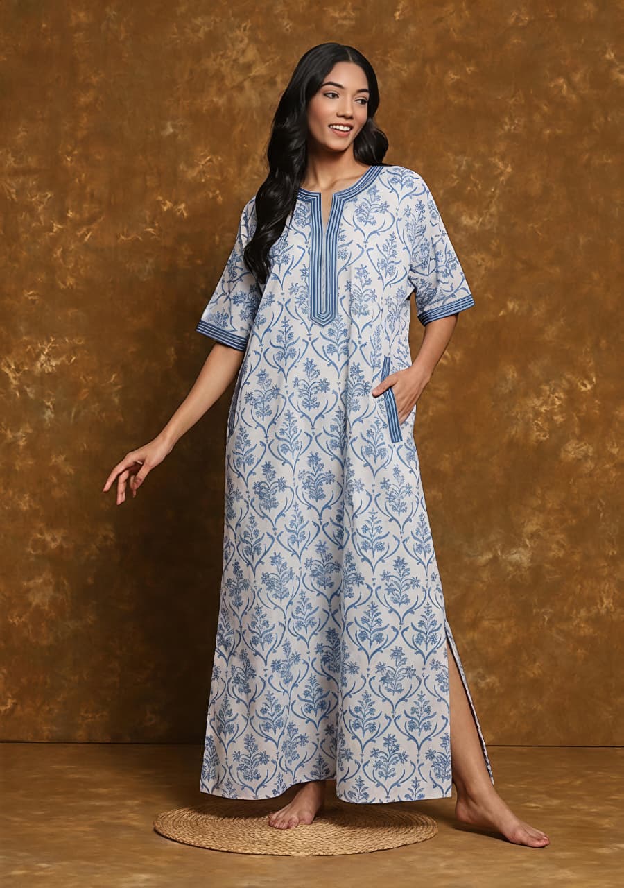 White Smoke Blue Mughal Hand Block Printed Nighty Kaftan with Stitch Lines