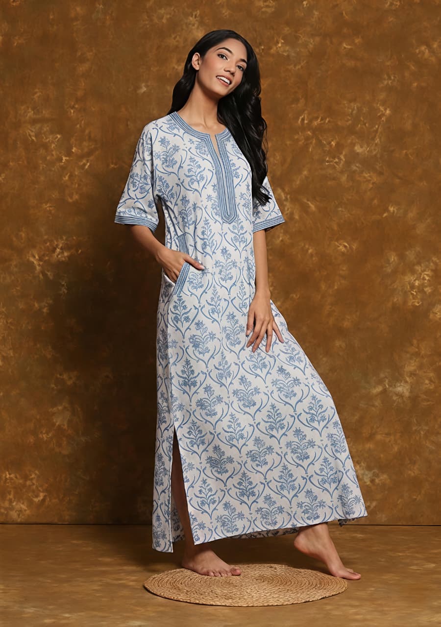White Smoke Blue Mughal Hand Block Printed Nighty Kaftan with Stitch Lines