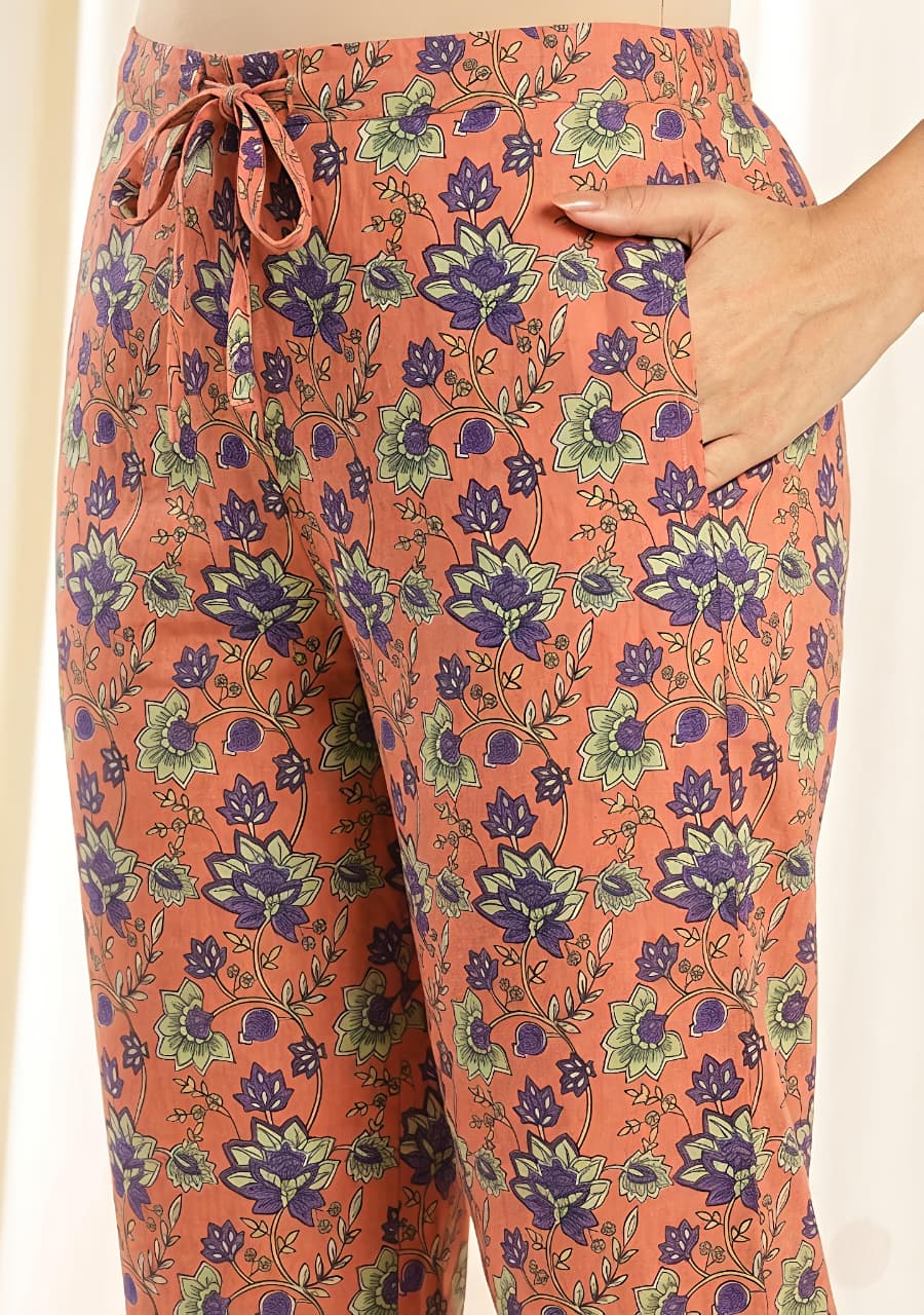 Peach Blue Floral Printed Cotton Night Suit