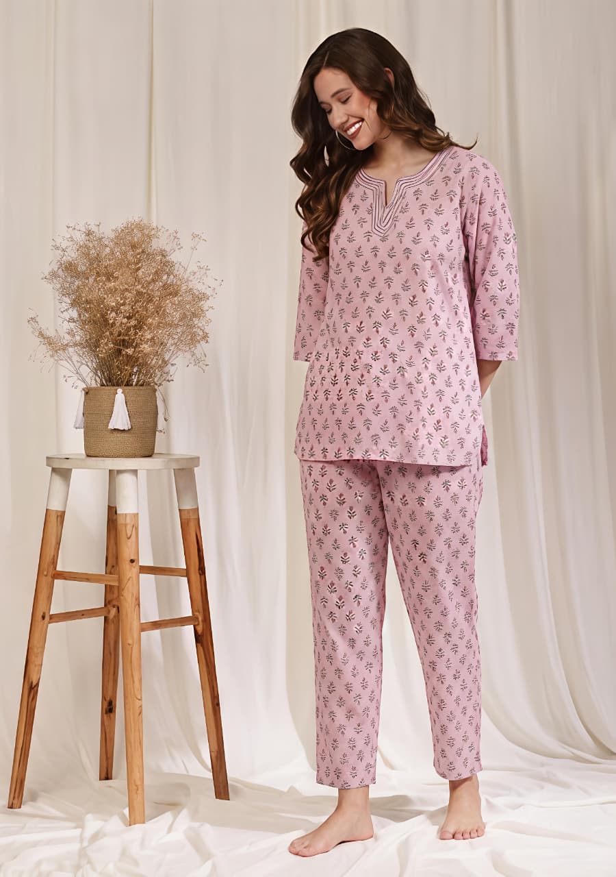 Peach Green Flower Motif Printed Cotton Night Suit