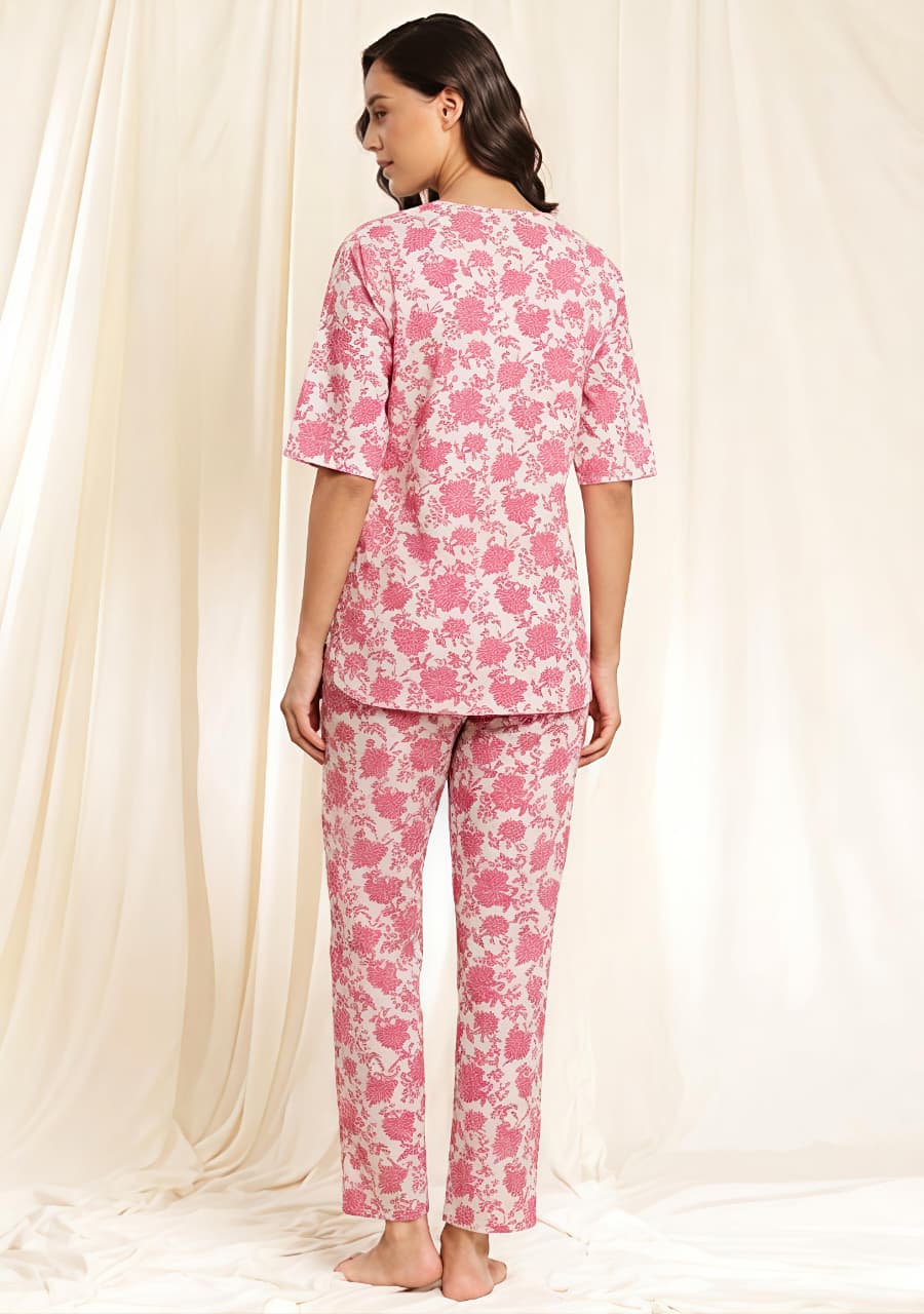 White Pink Floral Printed Cotton Night Suit