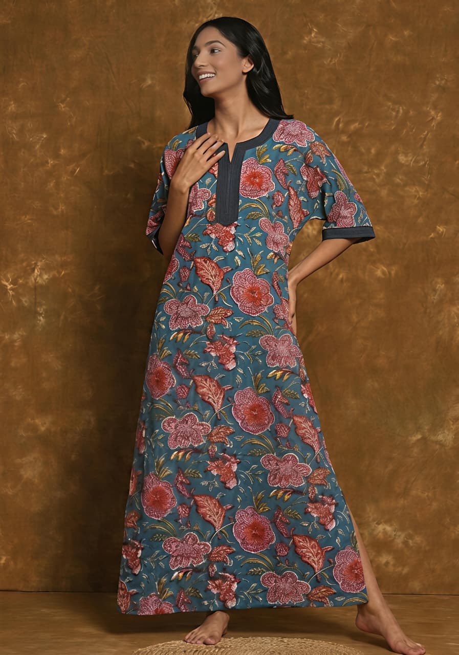 Teal Red Hand Block Printed Nighty Kaftan with Stitch Lines