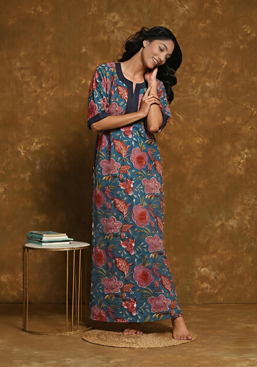 Teal Red Hand Block Printed Nighty Kaftan with Stitch Lines