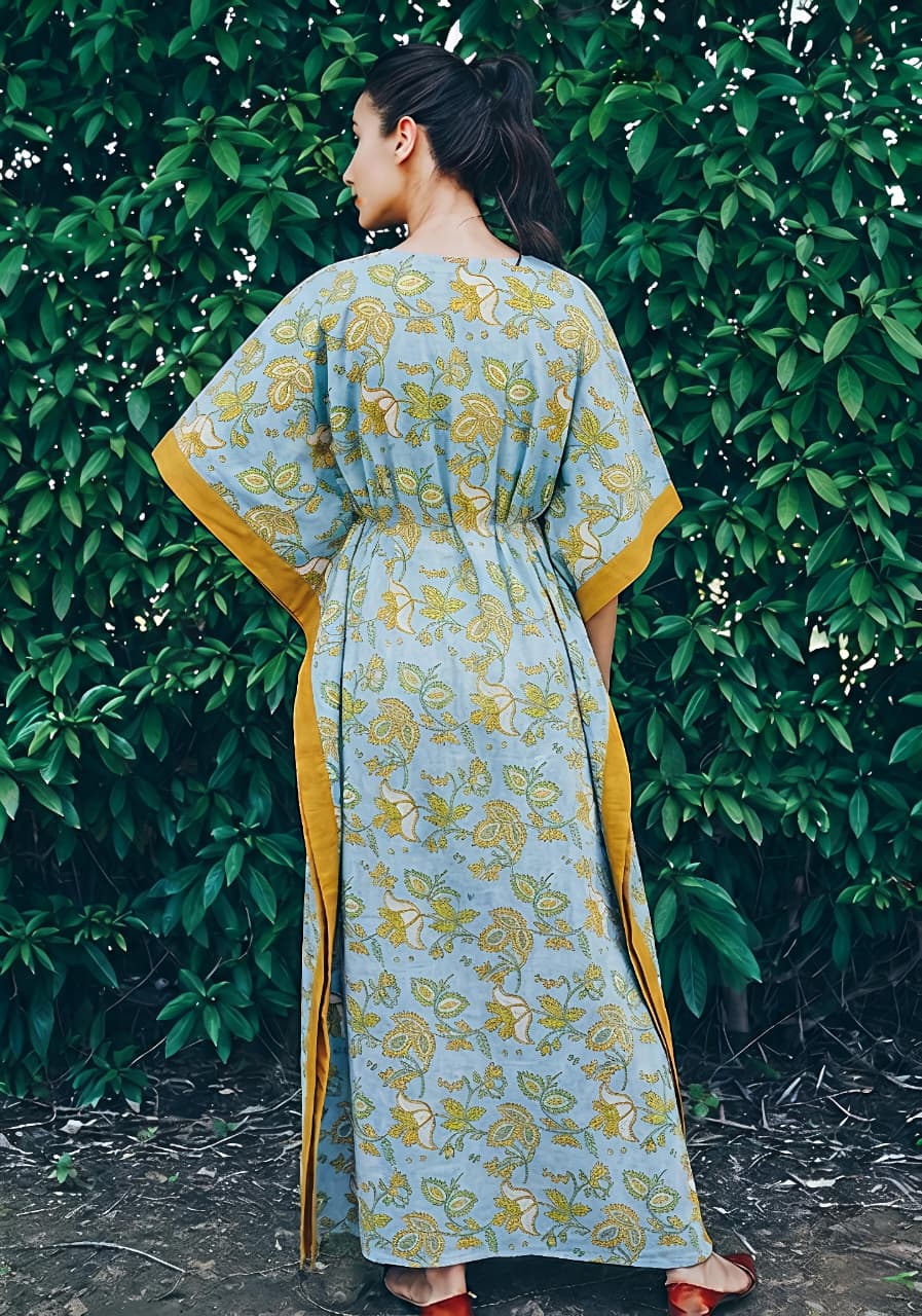 Smoke Blue Mustard Floral Printed Tie-Up Waist Cotton Kaftan