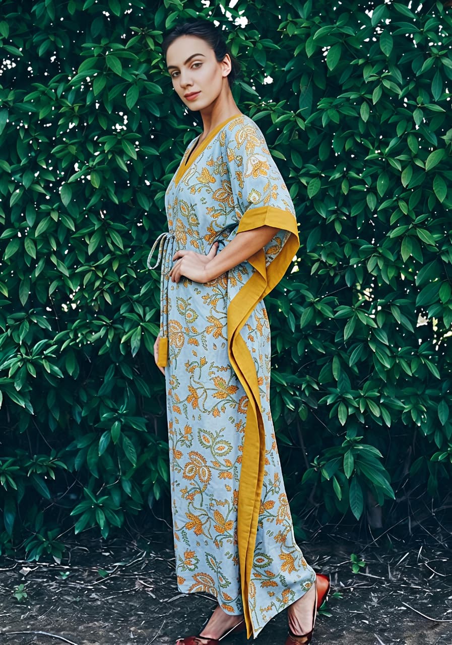 Smoke Blue Mustard Floral Printed Tie-Up Waist Cotton Kaftan