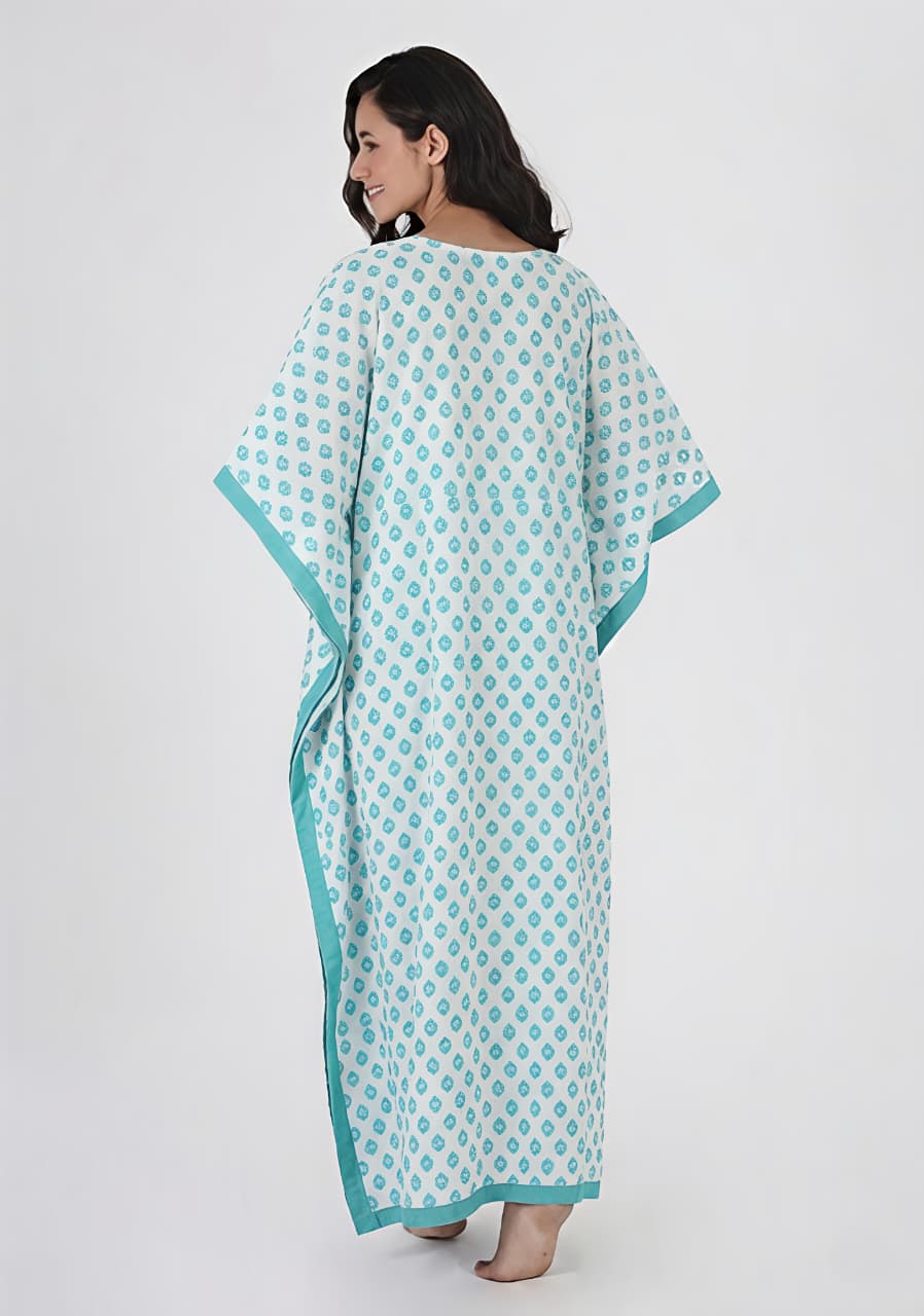 White Aqua Floral Printed Tie-Up Waist Cotton Kaftan